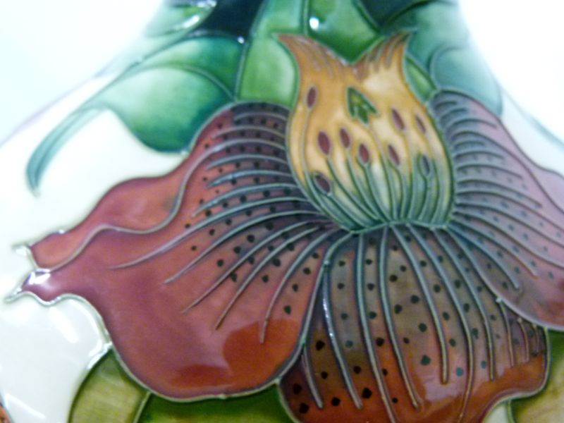 Modern Moorcroft pottery 'Orchid' pattern table lamp base, of squat bulbous form with tube-lined - Image 8 of 8