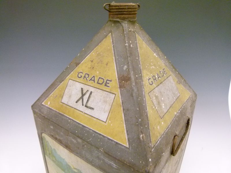 Advertising - Vintage grade XL Gamages pyramid motor oil can, decorated with racing car, seaplane - Image 7 of 9