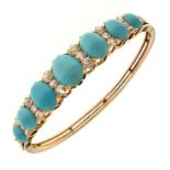 Edwardian gold turquoise and diamond set hinged bangle, the seven graduated oval cabochon