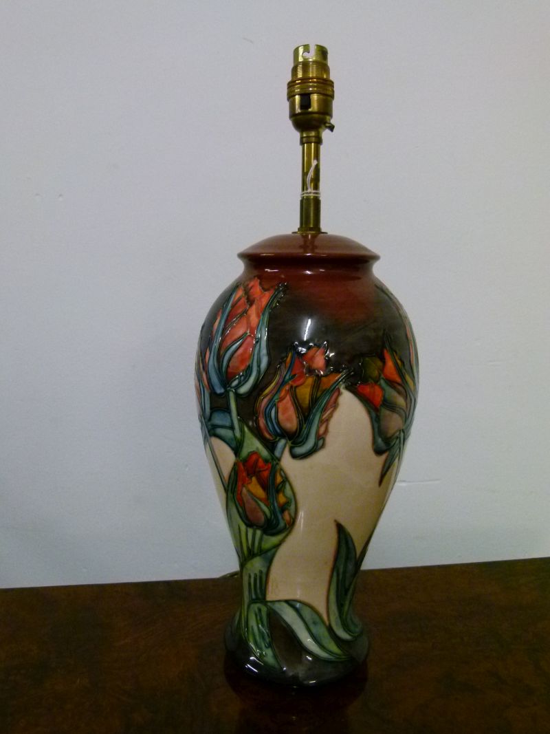 Modern Moorcroft pottery 'Tulip' pattern lamp base, of baluster form with tube-lined decoration, - Image 3 of 6