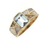 9ct gold blue topaz, diamond and mother-of-pearl dress ring, size N½, 4.5g gross Condition: Topaz