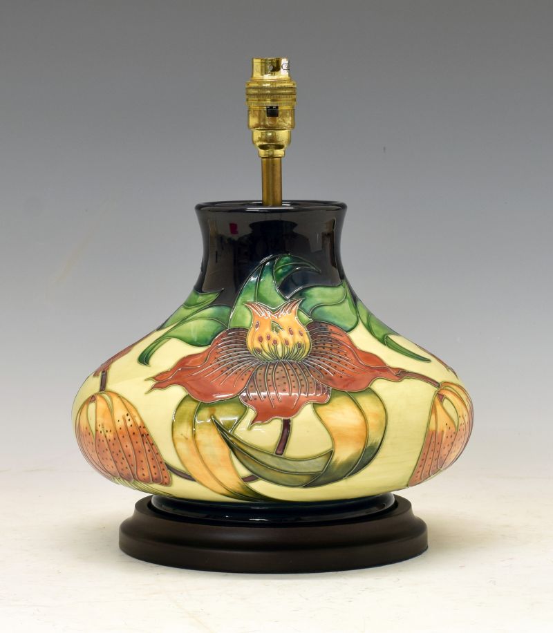 Modern Moorcroft pottery 'Orchid' pattern table lamp base, of squat bulbous form with tube-lined