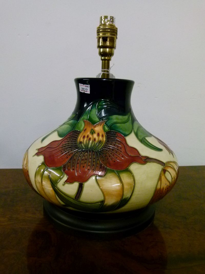 Modern Moorcroft pottery 'Orchid' pattern table lamp base, of squat bulbous form with tube-lined - Image 4 of 8