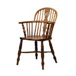 19th Century elm and yew-wood low hoop-back Windsor arm chair, having yew splat, hoop back,