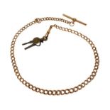 15ct gold watch chain, of graduated solid curb links, with a T bar and swivel attached, 77cm long,
