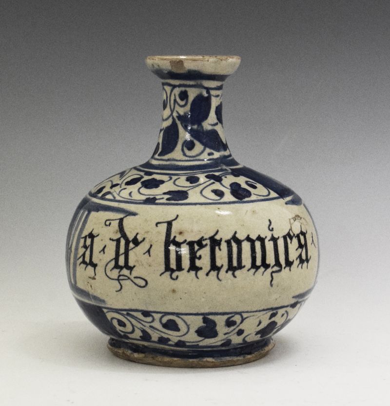 19th Century Italian baluster maiolica drug or apothecary bottle having blue and white painted