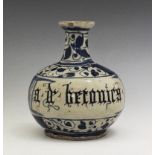 19th Century Italian baluster maiolica drug or apothecary bottle having blue and white painted