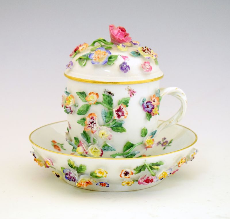 Late 19th Century Meissen porcelain chocolate cup, cover and saucer, each painted with insects and