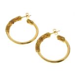 Pair of wire decorated diamond set hoop earrings, each set with six small brilliant cuts, 3.8cm
