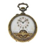 Hebdomas eight day open faced pocket watch, in a metal case, the case back embossed with a soldier