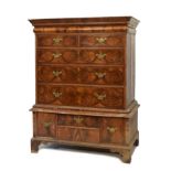 19th Century walnut chest on chest, in the early 18th Century taste, the crossgrain-moulded