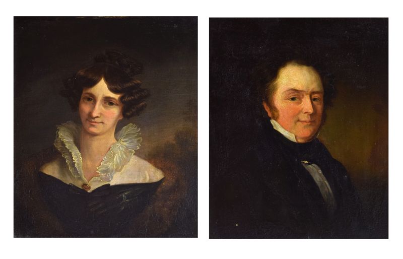 19th Century English School - Oil on board - Pair of portraits of a lady and gentleman, the reverses