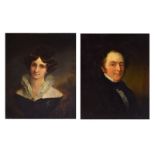 19th Century English School - Oil on board - Pair of portraits of a lady and gentleman, the reverses