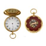 Baudin Brothers - Hunter cased enamel and three colour gold 19th Century fob watch, stamped 'K18',