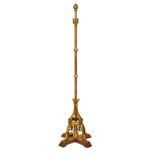 Late Victorian Gothic Revival brass standard lamp, in the manner of Hart, Son & Peard, the knopped