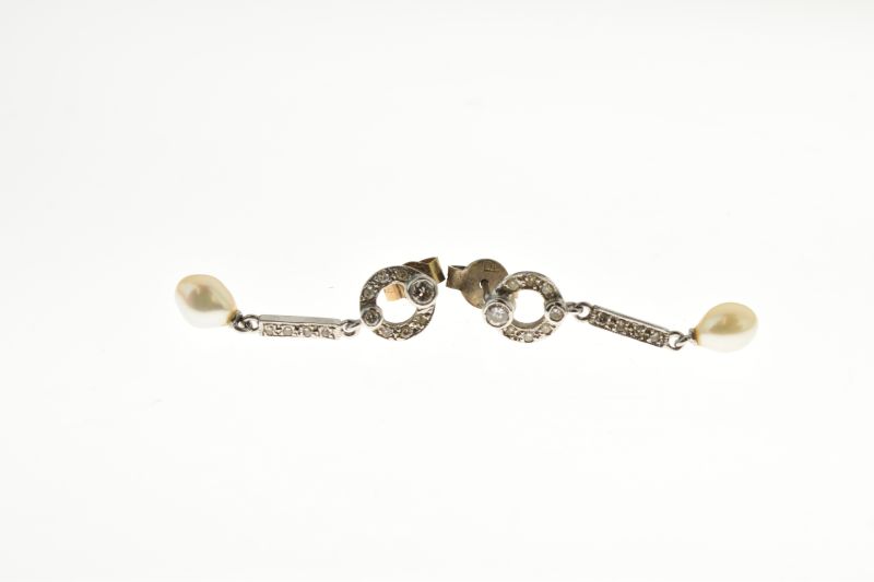 Pair of diamond and cultured pearl 18ct white gold drop earrings, the tear shaped pearls - Image 2 of 6