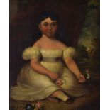 English/French School (19th Century) - Portrait of a young girl seated in front of a drape with a