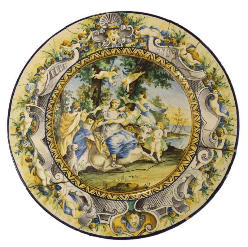 Italian maiolica pottery charger, 19th Century, decorated in the 'Istoriato' tradition with a