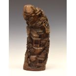 Early 20th Century Chinese bamboo carving of a rocky outcrop with pagodas, trees etc, 44.5cm high