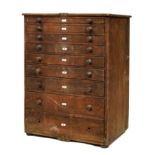 Late 19th Century French oak cabinet, of nine graduated drawers with enamel numbered plaques