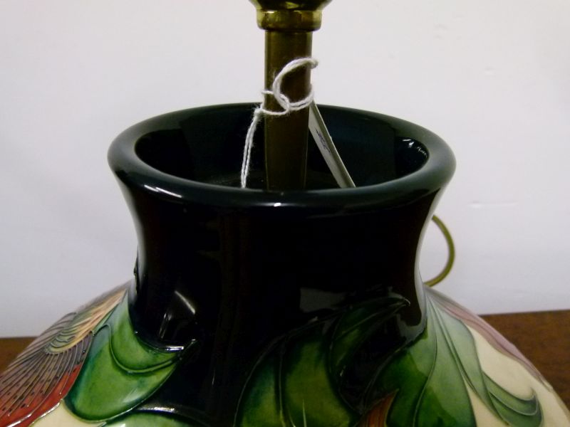 Modern Moorcroft pottery 'Orchid' pattern table lamp base, of squat bulbous form with tube-lined - Image 5 of 8