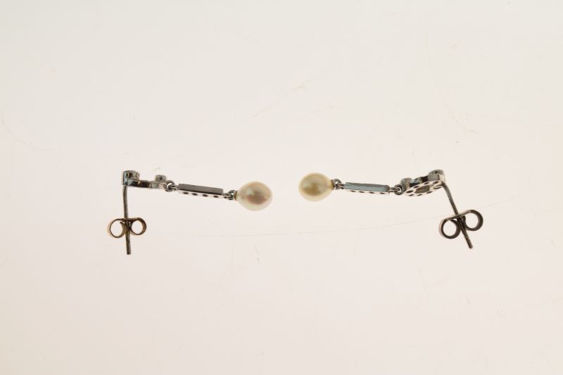 Pair of diamond and cultured pearl 18ct white gold drop earrings, the tear shaped pearls - Image 6 of 6