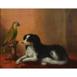 English School (19th Century) - Portrait of a parrot and dog, 59cm x 73.5cm, unsigned, within a