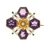 Amethyst and pearl brooch, in unmarked gold, the four hexagonal cut stones with wire scrolls between