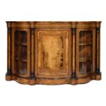 Late 19th Century inlaid walnut credenza or side cabinet, the figured top having inlaid medallions