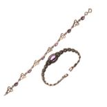 White metal, marcasite and amethyst-coloured stone set bracelet, together with a similar Celtic-