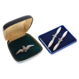 Cased enamelled RAF bar brooch, together with a similar pair of RAF 'propeller' brooches (3)