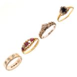 Four various rings comprising: 18ct gold, diamond and ruby-coloured red stone dress ring, together