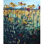 David Innis (late 20th Century) - Oil on board - 'Rudbeckia', a study of flowers in a meadow, signed