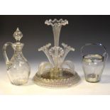 Late 19th/early 20th Century clear glass epergne with etched tall central flute, three smaller and