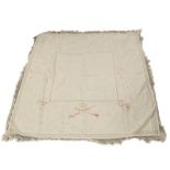 Early 20th Century white linen tablecloth with crocheted fringing, the field decorated with stitched