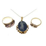 9ct gold ring set three red garnet-coloured stones, 9ct gold, opal and red stone dress ring, and a