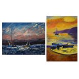 Pilcher (20th Century) - Oil on canvas - Coastal sunset with fishing boats, signed with initials and
