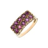 9ct gold and ruby-coloured red stone dress ring set with two rows of five stones, size R, 4.9g gross