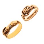 Two 18ct gold rings, each of buckled belt design, one size L, the other O½, 8.8g approx (2)