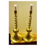 Pair of early 20th Century brass open barley twist candlesticks, 43cm high