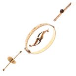 Assorted jewellery comprising: 9ct gold snap bangle with metal core, and three assorted bar