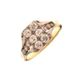 Yellow metal and diamond dress ring, set with two rows of three diamond brilliants within diamond-