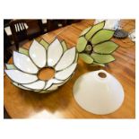 Opaque glass flowerhead table lamp, three similar ceiling light shades, three further conical and