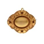 Gilt metal mourning brooch of cartouche design with photographic locket verso, Victorian Design