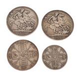 Coins - Three Victorian crowns, 1887, 1890, and 1895, together with a Victorian 1887 florin