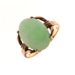 Yellow metal dress ring set oval celadon jade-coloured cabochon, shank stamped 14k 585, size M, 3.1g