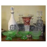 Quantity of cut glass decanters, table glass, pair of Theatre Royal engraved goblets, cased and a