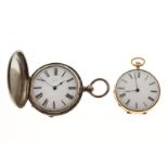 19th Century Continental yellow metal open face fob watch, white Roman dial, back-wound movement