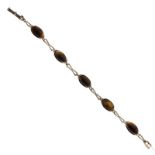 Yellow metal bracelet set five tigers-eye oval cabochons, stamped 9ct verso, 17.6g gross approx