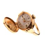 Rotary - Yellow metal dress ring-watch, the hinged cover enclosing silvered dial with baton hour